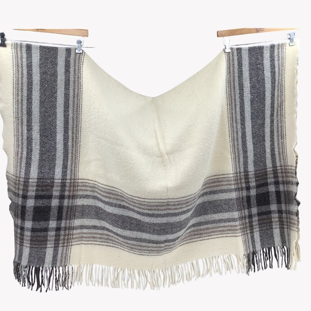 Vintage Alafoss Super Light Plaid Throw Blanket 100% Virgin Wool Ivory & Gray